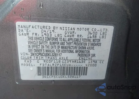 2019 Nissan Kicks S z USA, uszkodzony, nr VIN 3N1CP5CU0KL528117